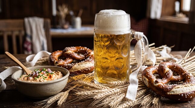 Glass mug of lager beer with foam, pretzels and bowl of Obatzda cheese spread on wooden table with wheat ears. Traditional Bavarian snack for Oktoberfest. German beer festival food and drink concept