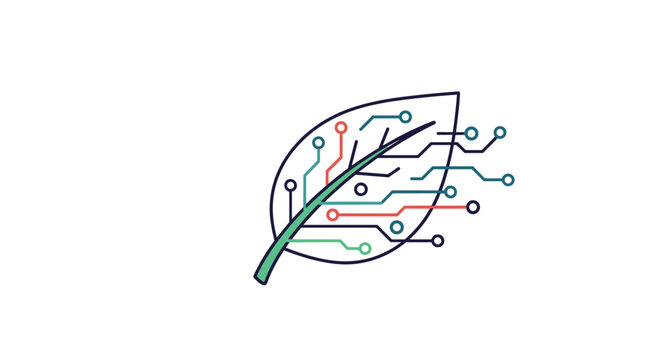 Sustainable green technology leaf with electronic circuit board lines in creative eco tech vector illustration.