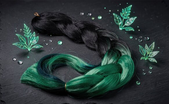 Black and green ombre braided hair extension with glowing magical leaves