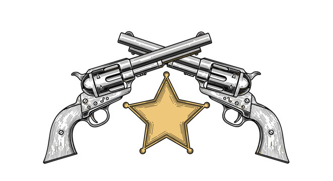 Vintage style illustration featuring two crossed revolvers behind a golden sheriff star badge, ideal for western and law enforcement themed designs.