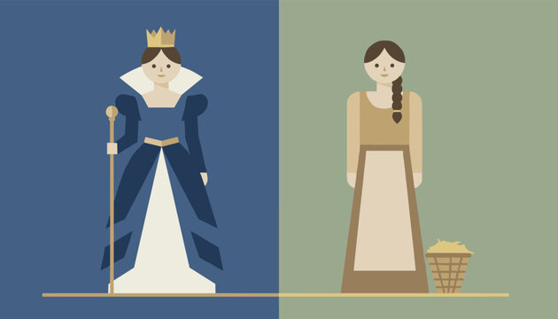 Side-by-side comparison depicts a queen in a regal blue gown and a simple peasant woman in a brown dress for storytelling.