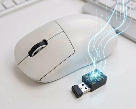 White wireless computer mouse with glowing USB receiver on white desk