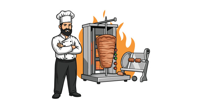 Professional smiling chef standing near spinning doner kebab shawarma machine in vector cartoon illustration.