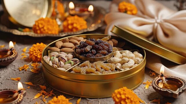 Elegant Diwali Gift Box with Almonds and Traditional Oil Lamps