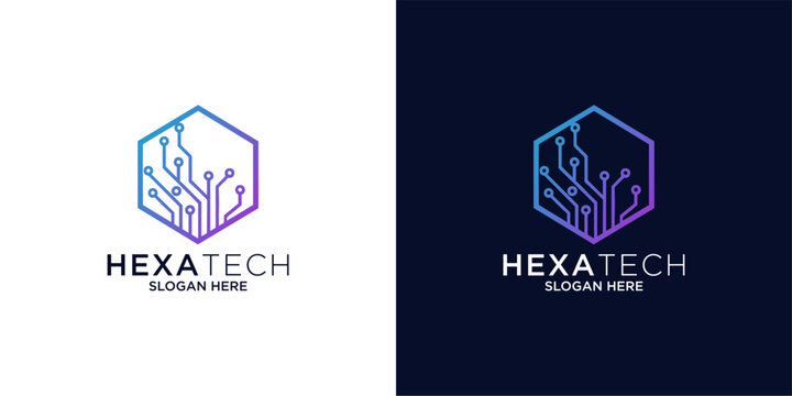Purple hexagon circuit board technology logo template.