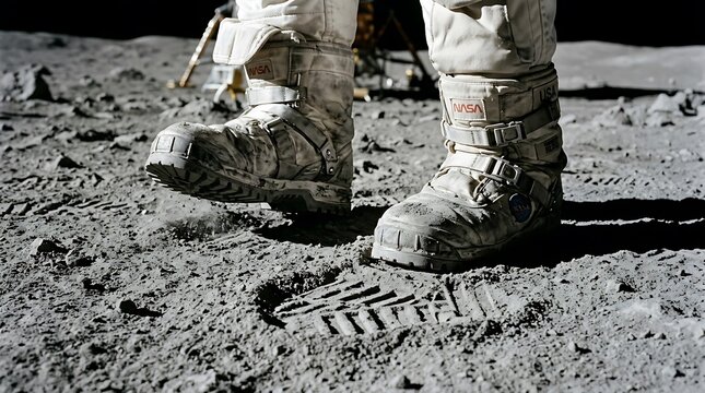 Close-up of an astronaut&rsquo;s white boot stepping into the dusty gray lunar surface, clear footprints