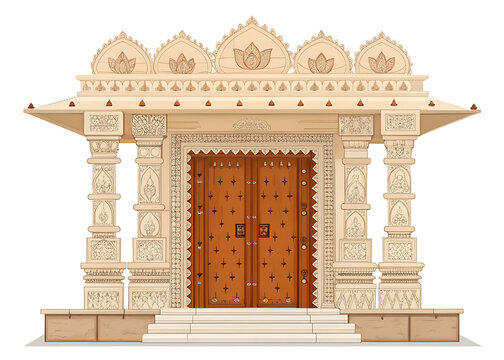 Traditional Indian temple gateway door with stone lotus columns, wooden doors, simple sacred motifs, premium vector illustration