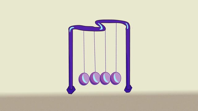 Handcrafted seamless loop animation of a purple Newtons cradle pendulum with swinging metal balls. Creative digital art and motion graphics showing momentum, physics laws, and kinetic energy