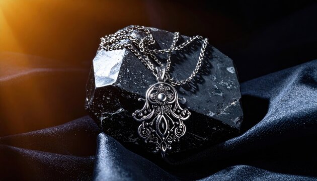 Intricate Silver Hamsa Hand Pendant Necklace on Dark Textured Background