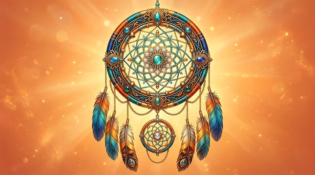 Ornate dreamcatcher with colorful feathers and intricate beadwork against a glowing warm orange light background