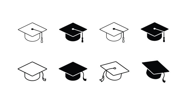 Set of graduation mortarboard cap icons in linear and solid styles