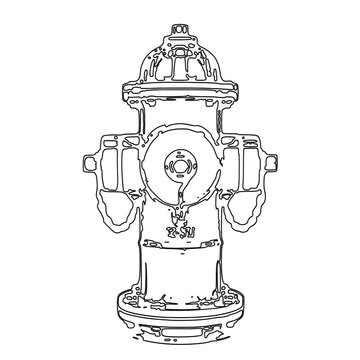 Fire hydrant line art illustration, isolated black and white emergency water valve sketch.