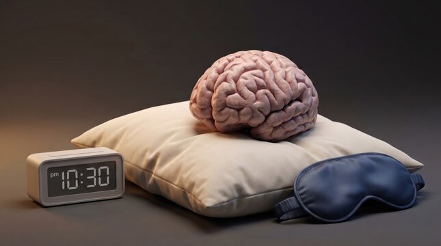 Human brain model resting on a pillow beside an alarm clock and sleep mask, illustrating sleep, brain health, rest, neuroscience and nighttime wellness