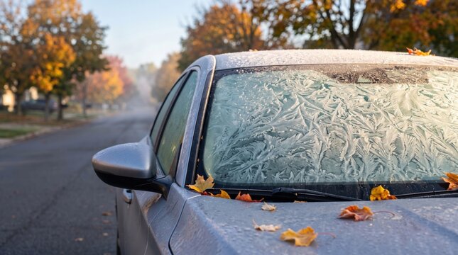 Car with a frost-covered windshield and autumn leaves on a cold morning, illustrating early seasonal freezing, chilly weather and the transition toward winter