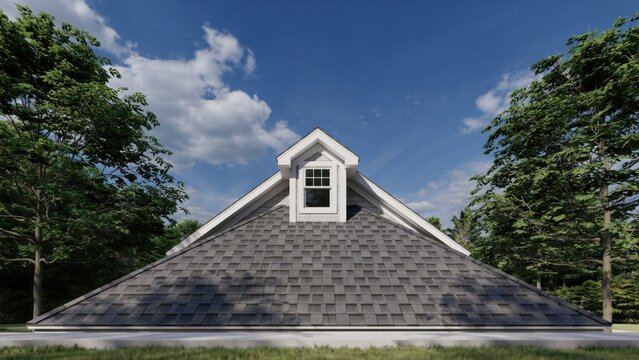 Modern residential house with gray shingle roof and white dormer window stands under blue sky framed by green trees.