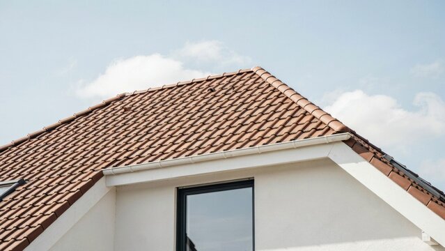 Red tiled roof against blue sky with clouds showing modern white facade architecture detail for residential house construction.