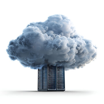 Cloud computing infrastructure illustration featuring dense digital cloud above metallic server racks representing data storage management systems