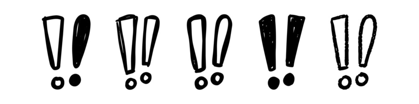 Set of hand-drawn double exclamation marks in various doodle styles. Isolated black sketches of punctuation icons for emphasis, alert, surprise, and excitement on a white background.