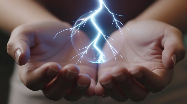 Energy lightning surrounds a glowing sphere held between open hands, creating a dramatic close-up with bright blue electrical branches against a dark background.