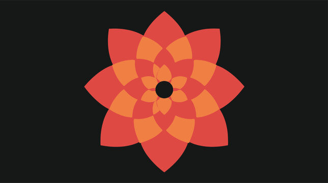A stylized geometric flower shape composed of overlapping vibrant orange and red petal layers.
