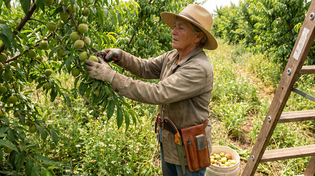 Female farmer pruning peach tree thinning young green fruit with shears in sunny orchard. Concept of grower, tool, pruner.