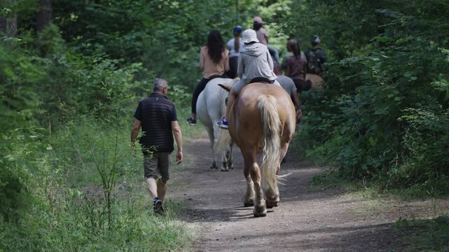 Bansko, Bulgaria - 17 Feb, 2024: A group of people are riding a horses down a path with trainer following them. The horses are brown and white