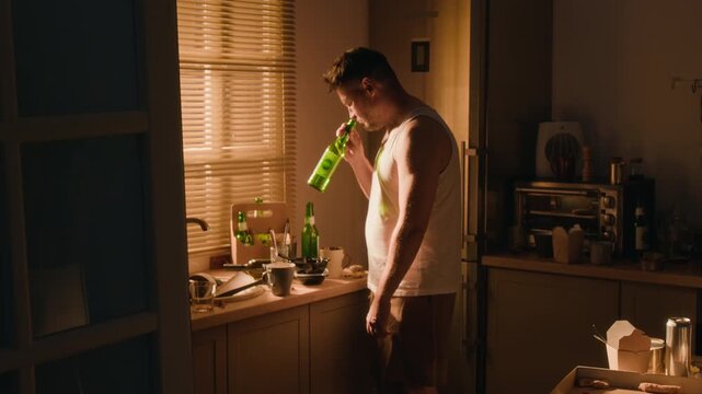 Caucasian man drinking alcohol, furiously knocking food and cans off table, holding head in despair. Ideal for addiction recovery campaigns, mental health awareness videos, social crisis PSAs