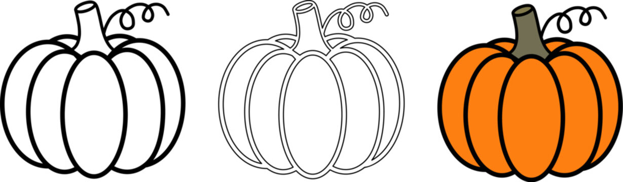 pumpkin illustration including black line drawing, outline contour, and colored orange design isolated on transparent background.