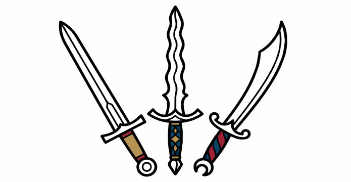 Vector illustration of three various fantasy medieval swords and daggers with thick outlines in a cartoon sticker style. Isolated on white background for gaming or tattoo design.