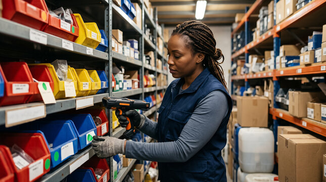 African American Female Warehouse Worker Scanning Inventory Bins with Barcode Reader. Concept of indexing, process, storage, color, barcode scanner, inventory control, storage bins, logistics.