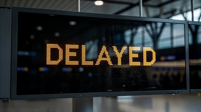 An electronic flight information display screen inside an airport terminal showing the word delayed in yellow letters, representing travel disruptions, schedule changes, and canceled trips