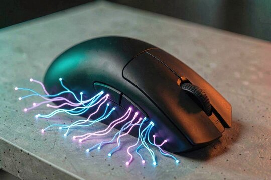 Modern black gaming mouse with glowing neon fiber optic tentacles