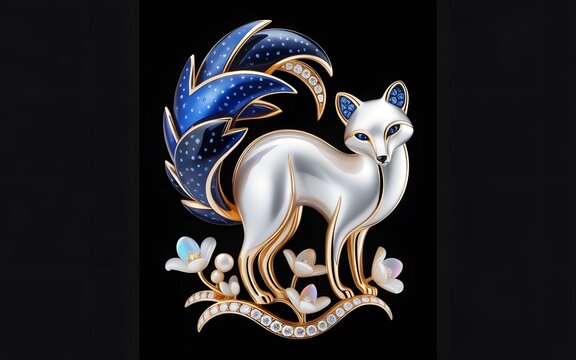 Elegant silver fox brooch with sparkling diamonds and blue enamel on a dark background
