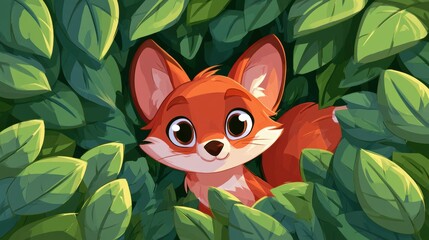 Fototapeta premium A playful fox with big eyes peeks through lush green leaves in a forest. The fox looks lively and curious in its natural habitat.