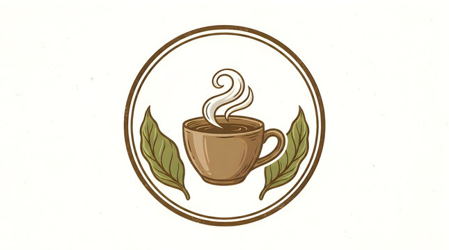 Hot tea cup with green leaves in a circular logo frame illustration