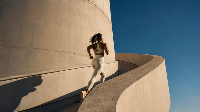 Athletic woman running along curved modern concrete architecture by the sea, ideal for sportswear, fitness, wellness, travel, lifestyle and motivational advertising.