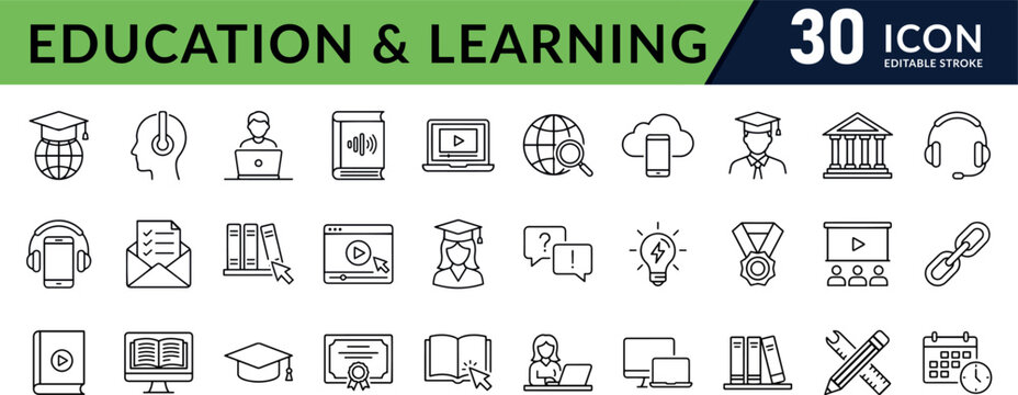 Set of 30 books, online course, school, knowledge icons Each icon will be different, create a vector outline icons using white background and black color