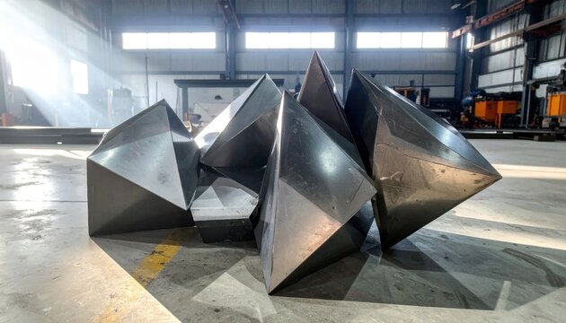 Large Modern Geometric Metal Sculpture Cluster in Industrial Warehouse Setting