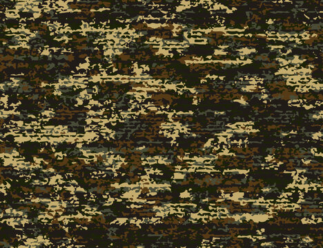 Full Seamless black and sand camouflage print. Wide dark patches frame scattered beige flecks with a worn texture. Military vector pattern for outdoor fabric and jackets, with an army camo background.