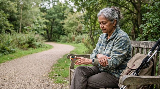 Senior Woman Checking Pulse with Oximeter Resting on Bench During Forest Hike. Concept of older, adult, sensor, outdoor health, heart rate.