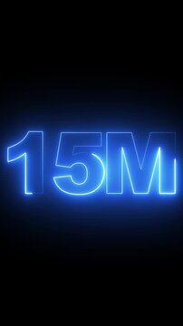 15 m neon sign glowing blue light animation, digital milestone counter for social media and business growth