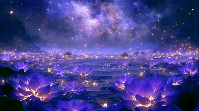 Ethereal anime night landscape of a glowing lotus lake under a vast cosmic nebula and starry sky
