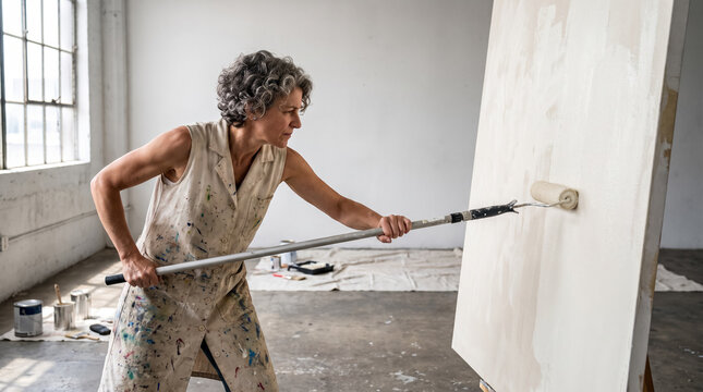 Female artist priming large canvas with paint roller in bright loft art studio. Concept of painter, professional, portrait, occupation.