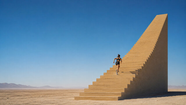 Athletic woman running up a monumental staircase in a vast desert landscape under a clear blue sky, ideal for fitness, sportswear, wellness and motivational advertising.