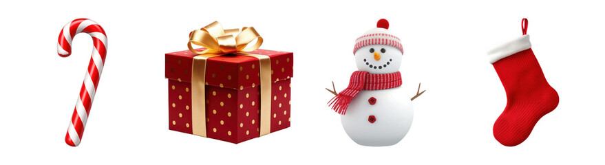 Obraz premium PNG Christmas holiday icons with candy cane, gift box, snowman, stocking transparent background