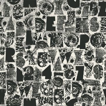 Grunge Abstract Seamless Pattern with Distressed Typography, Geometric Shapes and Textures for Fabric, Streetwear, Wallpaper and Packaging