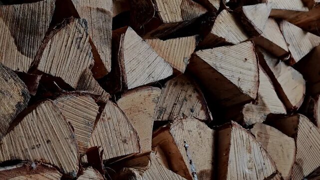 Chopped firewood stacked in wooden shed, cut logs for heating, rural household fuel storage, natural energy resource, winter preparation, traditional heating concept.