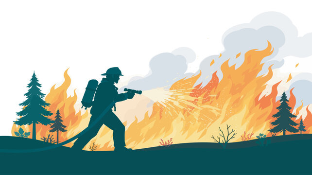 flat vector illustration of a firefighter fighting a forest wildfire