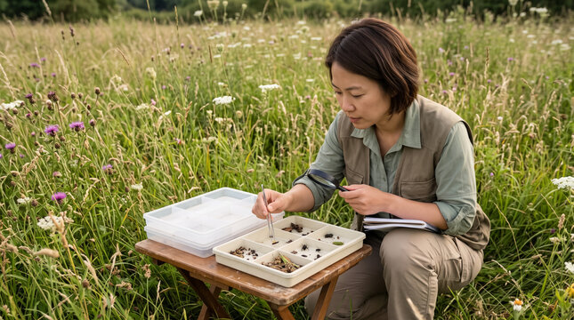 Female entomologist examining insect specimens in sample tray outdoors in meadow field. Concept of researcher, counts, field research, scientist.