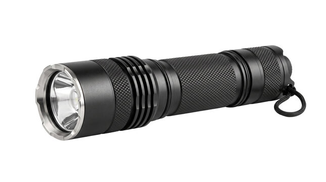 Tactical black metal flashlight isolated on white background showing durable textured grip and bright silver lens